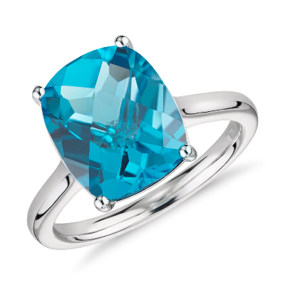 Blue Topaz Cushion Cocktail Ring in 14k White Gold (11x9mm)