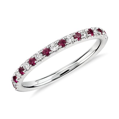 Riviera Pave Ruby and Diamond Ring in 14k White Gold (1.5mm)