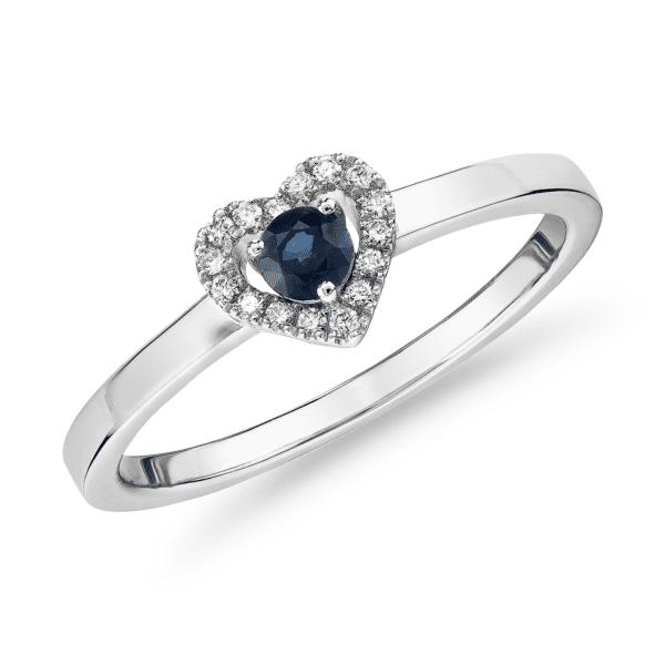 Petite Sapphire and Diamond Pave Heart Ring in 14k White Gold (3mm)