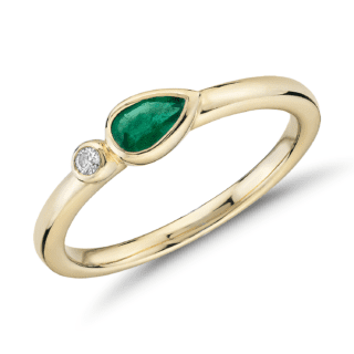 Bezel-Set Pear-Shaped Emerald and Diamond Stacking Ring in 14k Yellow Gold (3x5mm)