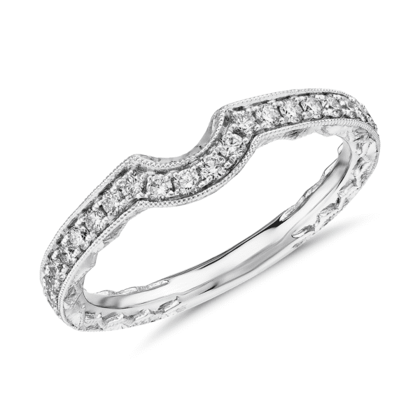 Curved Diamond and Milgrain Engraved Profile Wedding Ring in 14k White Gold (1/4 ct. tw.)