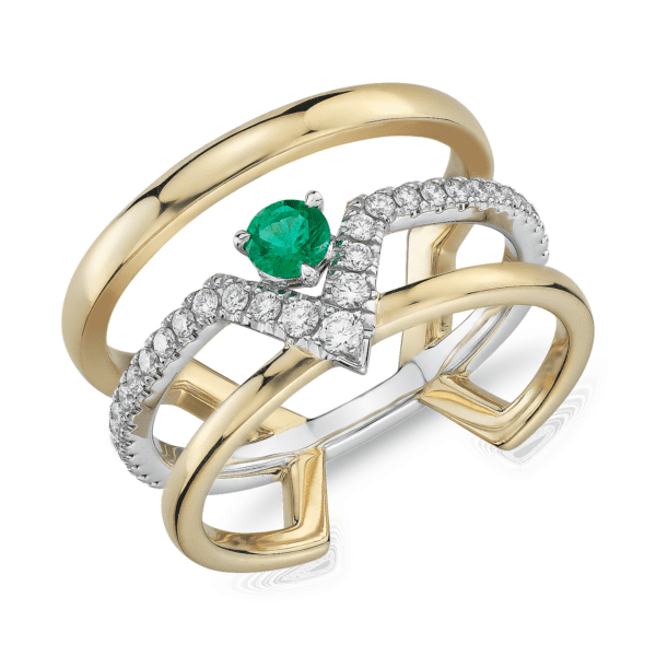 Geometric Triple Band Emerald and Diamond Ring in 18k Yellow and White Gold (3.5mm)