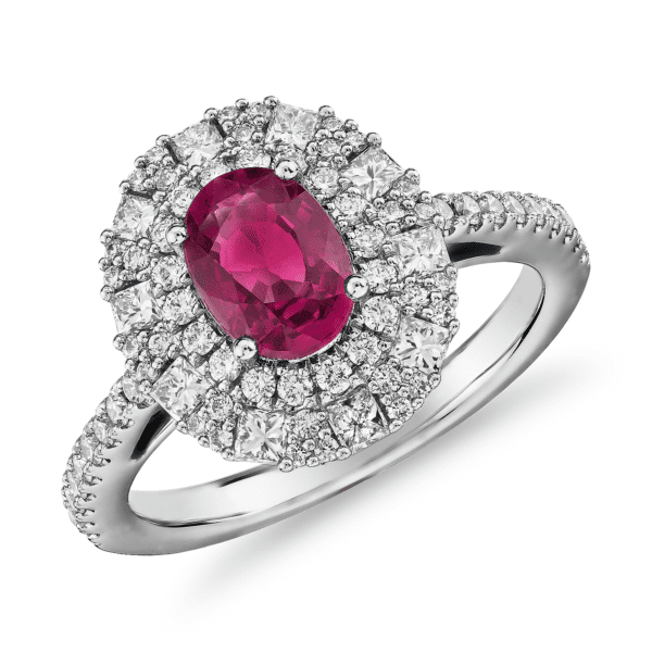 Oval Ruby Ring with Double Diamond Halo in 14k White Gold (7x5mm)