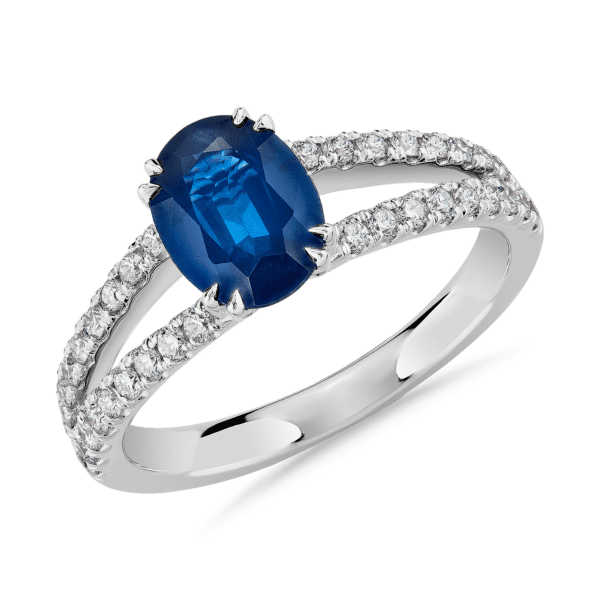 Oval Sapphire and Diamond Split Shank Ring in 14k White Gold (8x6mm)