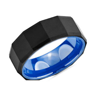 Black Faceted Wedding Ring in Tungsten and Blue Ceramic (8mm)