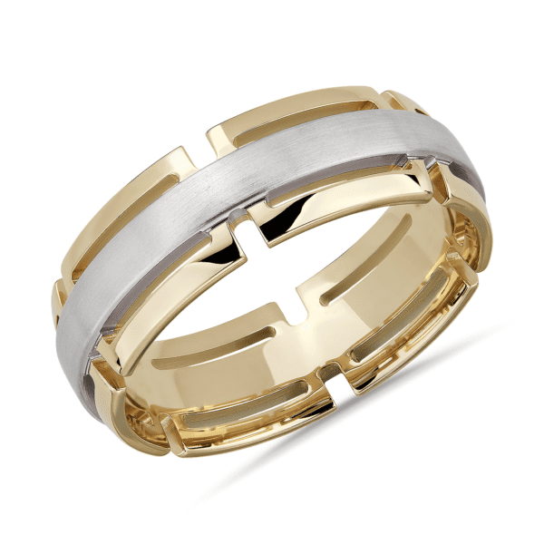 Two-Tone Modern Link Edge Wedding Ring in 14k White and Yellow Gold (7mm)