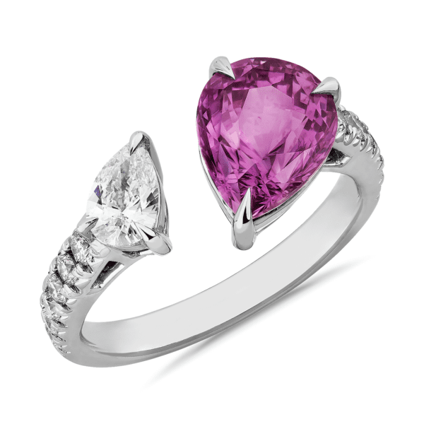 Pear Shaped Pink Sapphire and Diamond Open Fashion Ring in 18k White Gold
