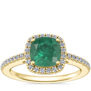 Classic Halo Diamond Engagement Ring with Cushion Emerald in 14k Yellow Gold (6.5mm)