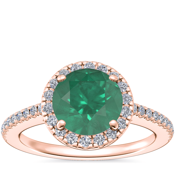 Classic Halo Diamond Engagement Ring with Round Emerald in 14k Rose Gold (8mm)
