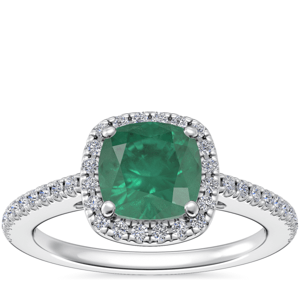 Classic Halo Diamond Engagement Ring with Cushion Emerald in Platinum (6.5mm)