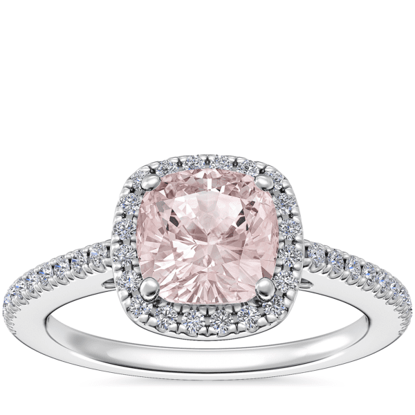 Classic Halo Diamond Engagement Ring with Cushion Morganite in Platinum (6.5mm)