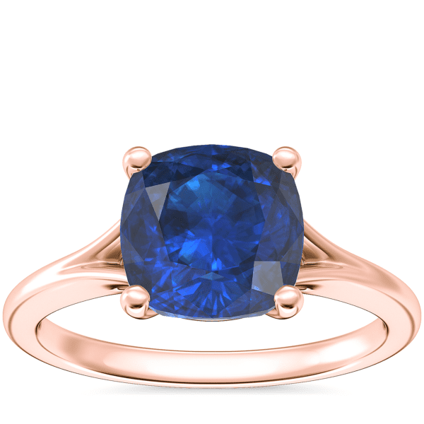 Petite Split Shank Solitaire Engagement Ring with Cushion Sapphire in 14k Rose Gold (8mm)