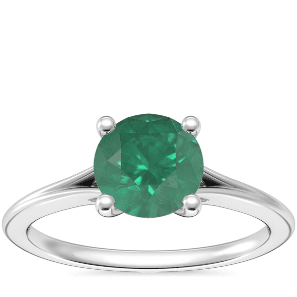 Petite Split Shank Solitaire Engagement Ring with Round Emerald in 18k White Gold (6.5mm)