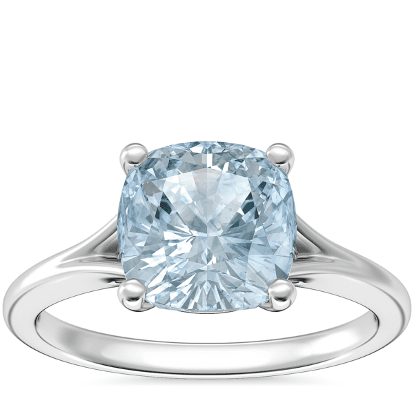 Petite Split Shank Solitaire Engagement Ring with Cushion Aquamarine in 18k White Gold (8mm)