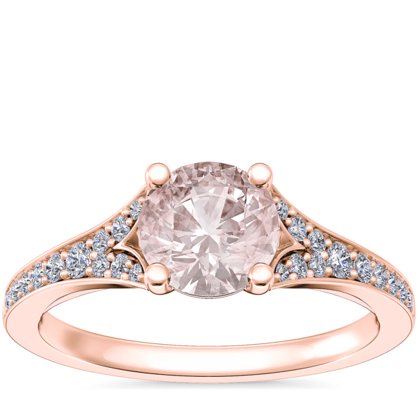Petite Split Shank Pave Cathedral Engagement Ring with Round Morganite in 14k Rose Gold (6.5mm)