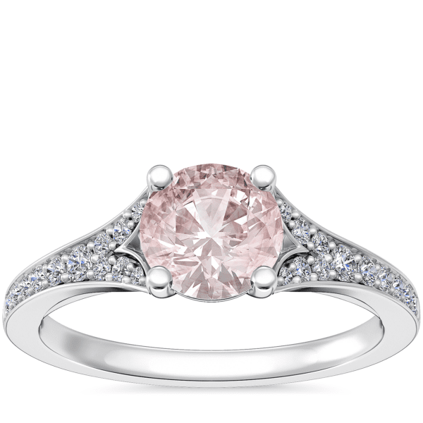 Petite Split Shank Pave Cathedral Engagement Ring with Round Morganite in Platinum (6.5mm)