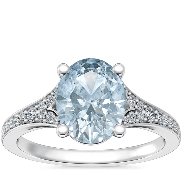 Petite Split Shank Pave Cathedral Engagement Ring with Oval Aquamarine in Platinum (9x7mm)