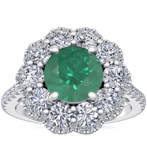 Vintage Diamond Halo Engagement Ring with Round Emerald in 14k White Gold (6.5mm)