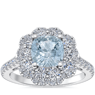 Vintage Diamond Halo Engagement Ring with Cushion Aquamarine in 14k White Gold (6.5mm)
