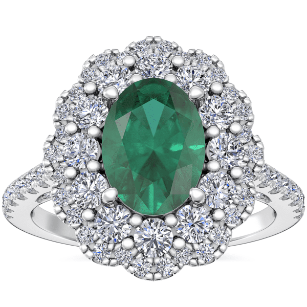 Vintage Diamond Halo Engagement Ring with Oval Emerald in 14k White Gold (7x5mm)