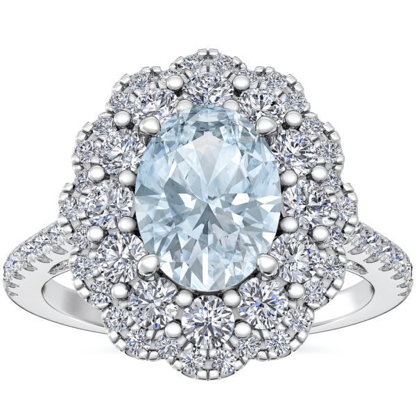 Vintage Diamond Halo Engagement Ring with Oval Aquamarine in 14k White Gold (8x6mm)