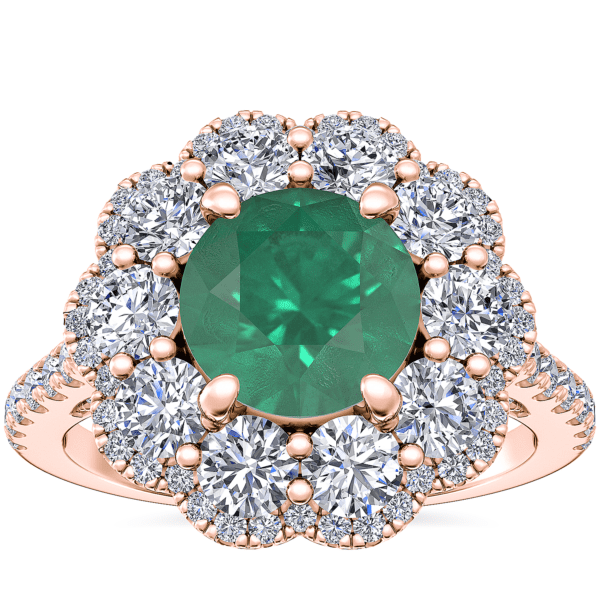 Vintage Diamond Halo Engagement Ring with Round Emerald in 14k Rose Gold (6.5mm)