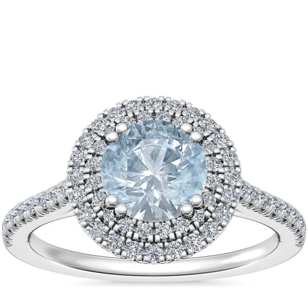 Micropave Double Halo Diamond Engagement Ring with Round Aquamarine in 14k White Gold (6.5mm)