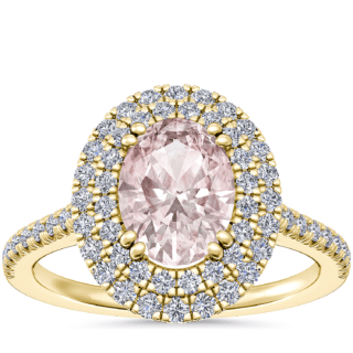 Micropave Double Halo Diamond Engagement Ring with Oval Morganite in 14k Yellow Gold (8x6mm)