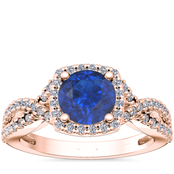 Twist Halo Diamond Engagement Ring with Round Sapphire in 14k Rose Gold (8mm)