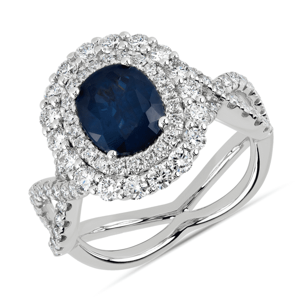 Oval Blue Sapphire with Diamond Double Halo and Weaved Shank Ring in 18k White Gold