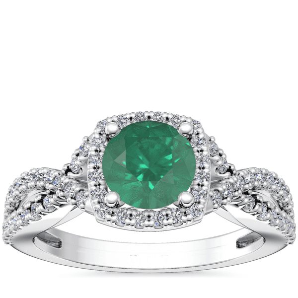 Twist Halo Diamond Engagement Ring with Round Emerald in Platinum (6.5mm)