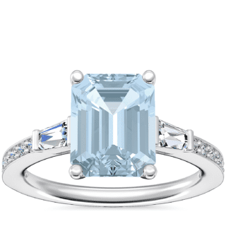 Tapered Baguette Diamond Cathedral Engagement Ring with Emerald-Cut Aquamarine in 14k White Gold (9x7mm)