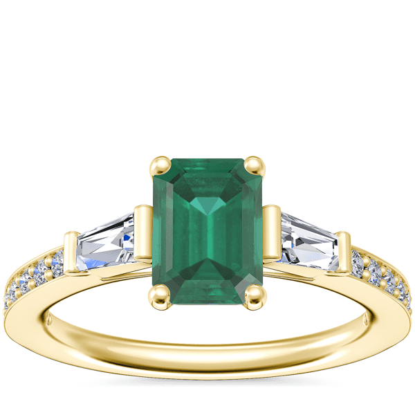 Tapered Baguette Diamond Cathedral Engagement Ring with Emerald-Cut Emerald in 14k Yellow Gold (7x5mm)
