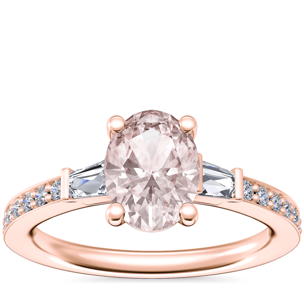 Tapered Baguette Diamond Cathedral Engagement Ring with Oval Morganite in 14k Rose Gold (8x6mm)