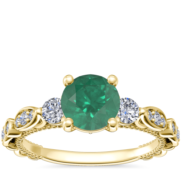 Floral Ellipse Diamond Cathedral Engagement Ring with Round Emerald in 14k Yellow Gold (6.5mm)