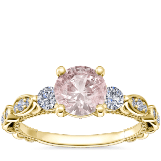 Floral Ellipse Diamond Cathedral Engagement Ring with Round Morganite in 14k Yellow Gold (6.5mm)