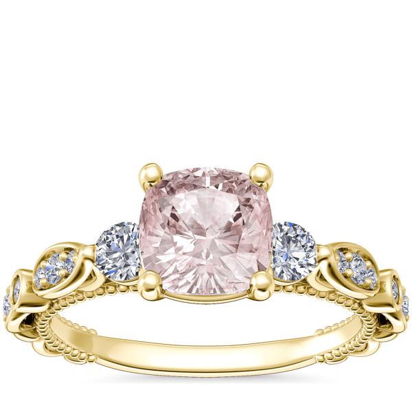 Floral Ellipse Diamond Cathedral Engagement Ring with Cushion Morganite in 14k Yellow Gold (6.5mm)