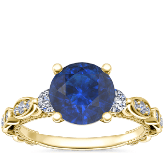 Floral Ellipse Diamond Cathedral Engagement Ring with Round Sapphire in 14k Yellow Gold (8mm)