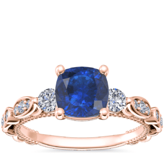 Floral Ellipse Diamond Cathedral Engagement Ring with Cushion Sapphire in 14k Rose Gold (6mm)