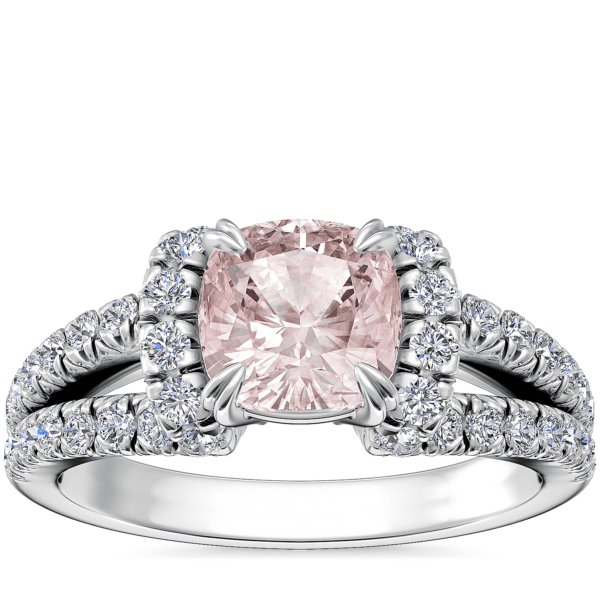Split Semi Halo Diamond Engagement Ring with Cushion Morganite in 14k White Gold (6.5mm)