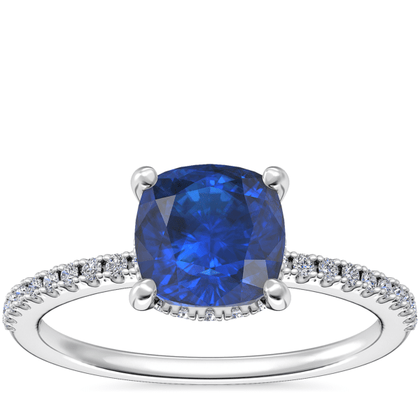 Petite Micropave Hidden Halo Engagement Ring with Cushion Sapphire in 14k White Gold (6mm)