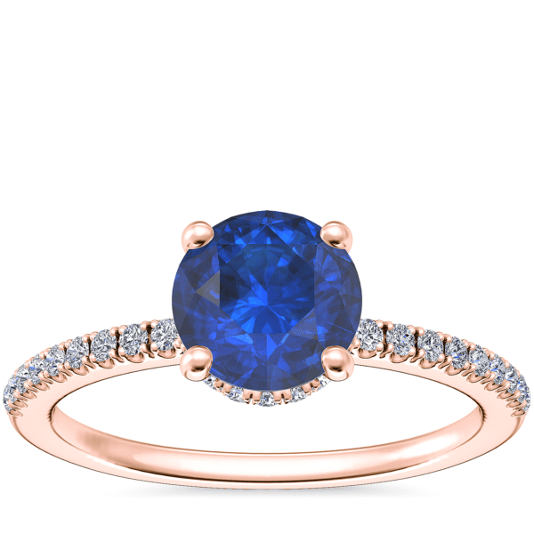 Petite Micropave Hidden Halo Engagement Ring with Round Sapphire in 14k Rose Gold (6mm)