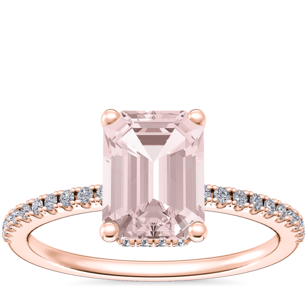 Petite Micropave Hidden Halo Engagement Ring with Emerald-Cut Morganite in 14k Rose Gold (8x6mm)