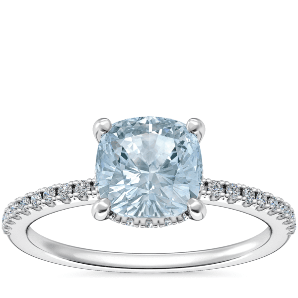 Petite Micropave Hidden Halo Engagement Ring with Cushion Aquamarine in Platinum (6.5mm)