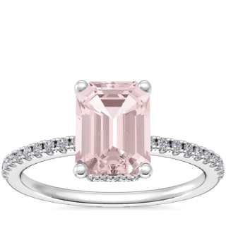 Petite Micropave Hidden Halo Engagement Ring with Emerald-Cut Morganite in Platinum (8x6mm)