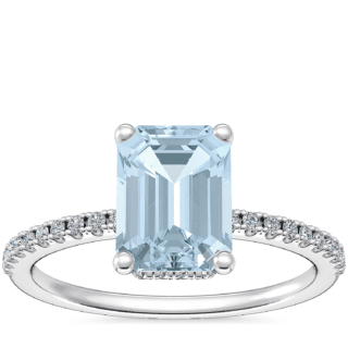 Petite Micropave Hidden Halo Engagement Ring with Emerald-Cut Aquamarine in Platinum (8x6mm)