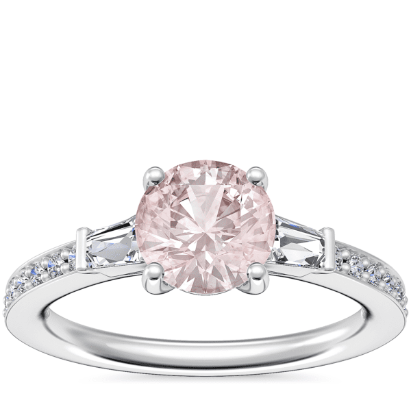 Tapered Baguette Diamond Cathedral Engagement Ring with Round Morganite in Platinum (6.5mm)