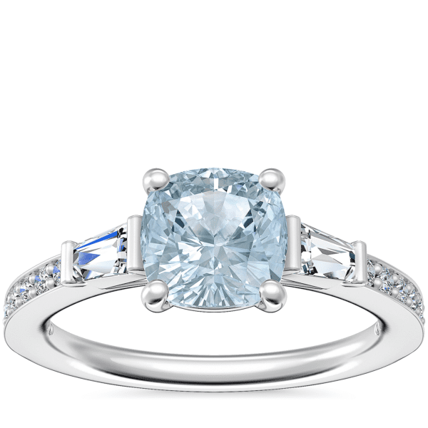 Tapered Baguette Diamond Cathedral Engagement Ring with Cushion Aquamarine in Platinum (6.5mm)