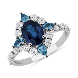 Oval Sapphire Diamond and Aquamarine Halo Ring in 18k White Gold