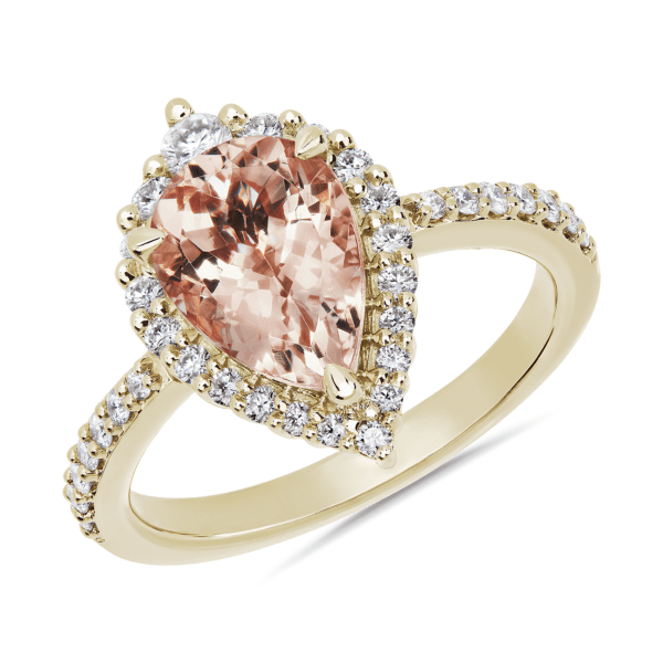 Pear Shaped Morganite and Diamond Ring in 14k Yellow Gold